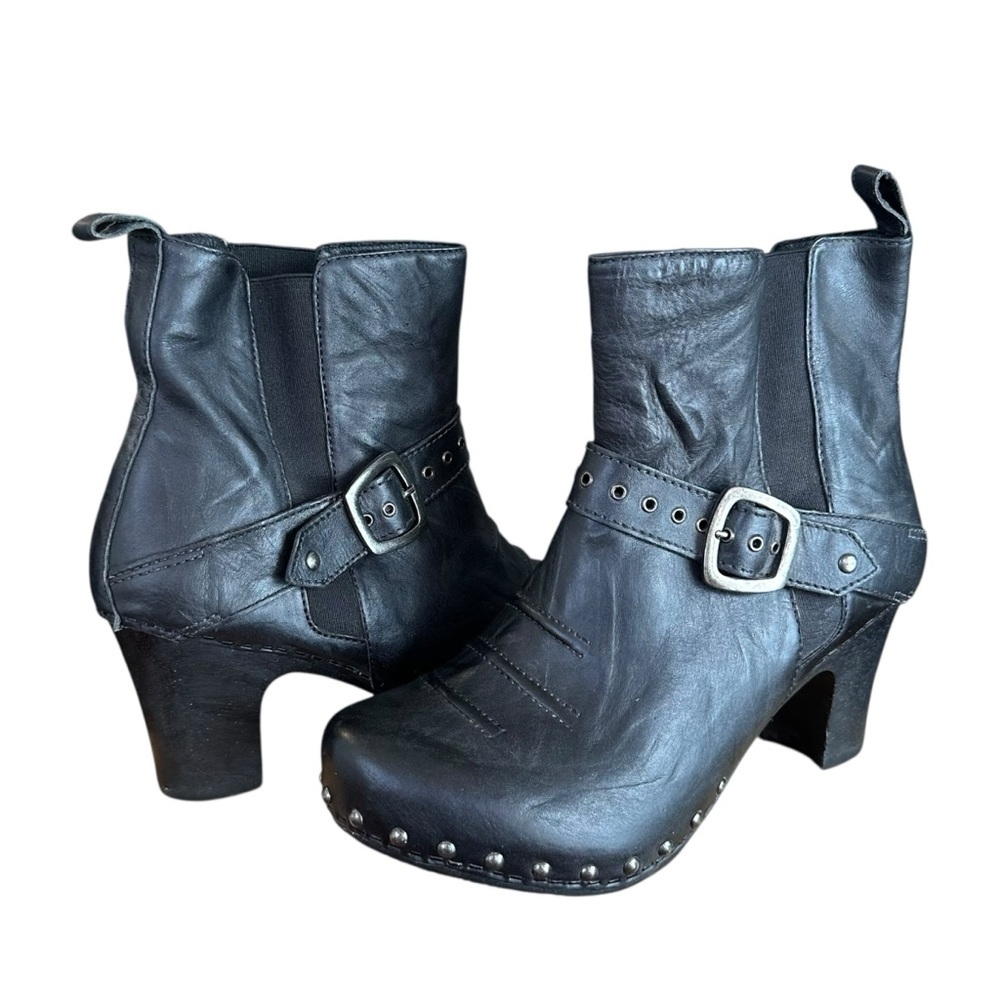DANSKO Reegan Black‎ Leather Studded Clog Ankle Boots Buckle Moto Witchy Comfort
